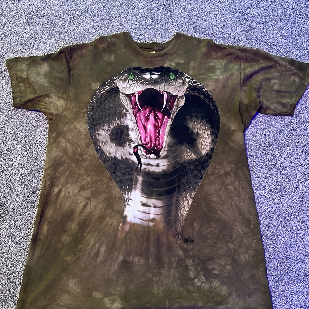 The Mountain Olive Tie-Dye Cobra Shirt with Pink Tongue and Green Eyes